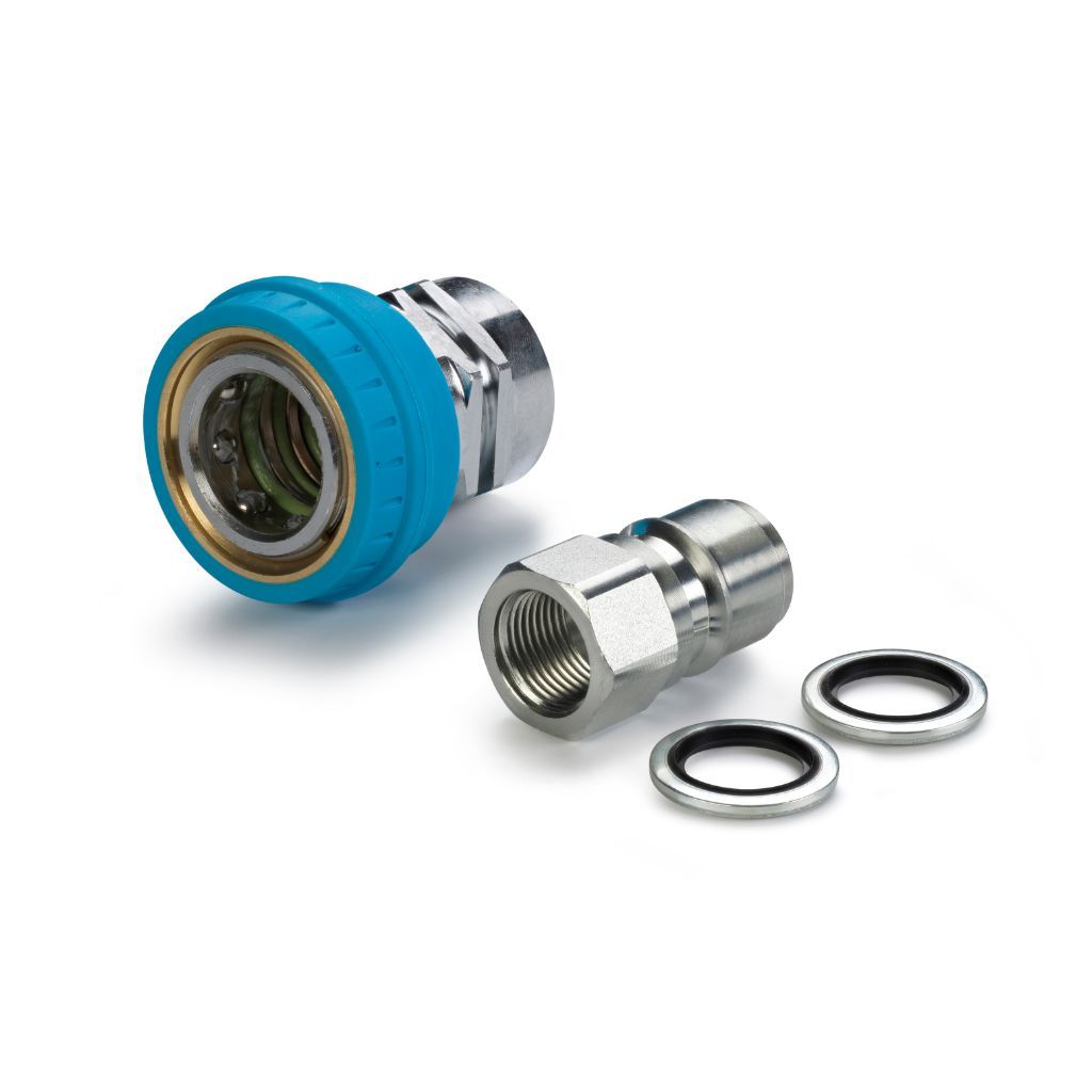 Nilfisk Genuine High-Pressure Quick Release Couplings Kit with female 3/8” thread, including a probe and two 3/8” Dowty seals. Ideal for secure and efficient connections in pressure washing systems.