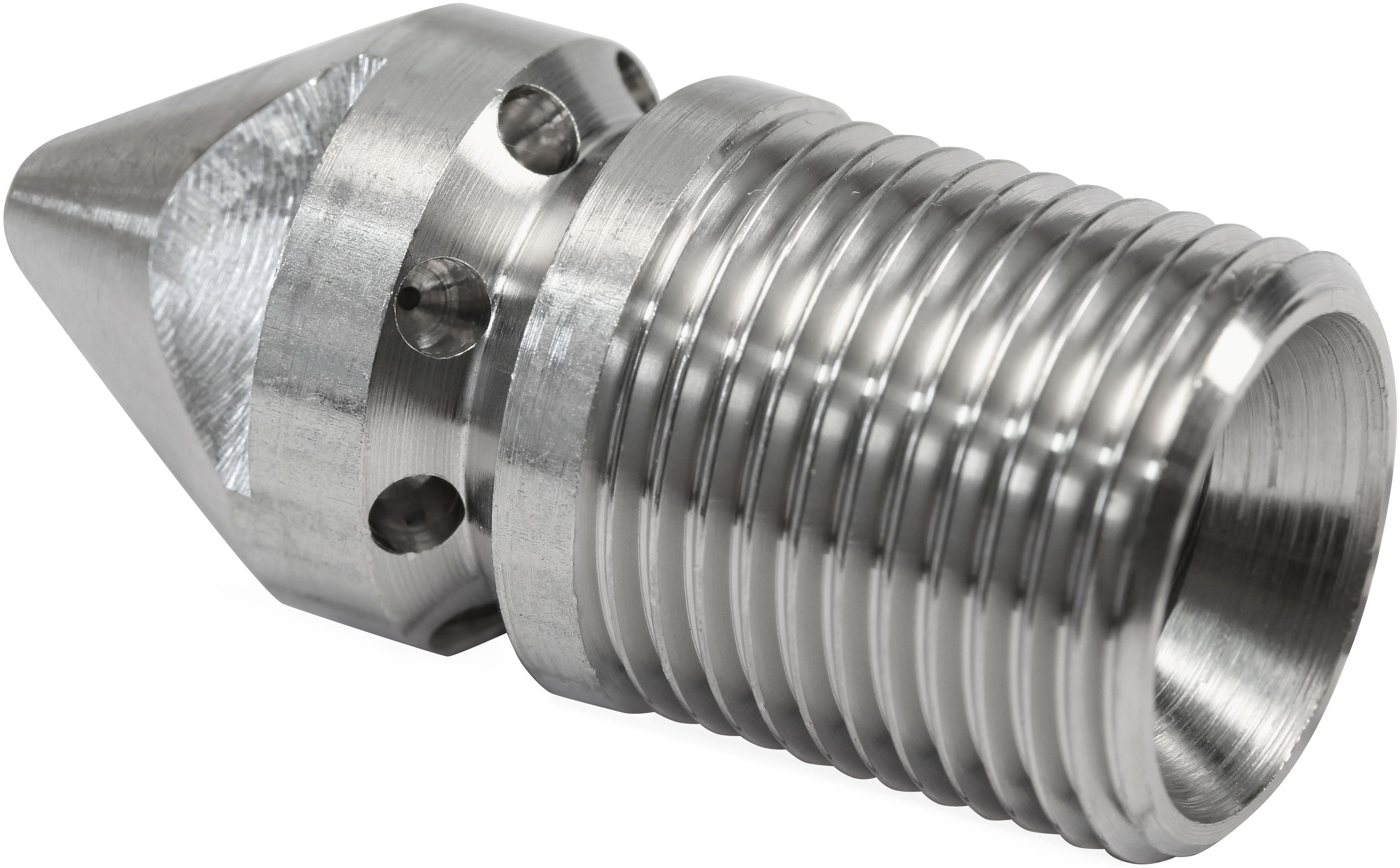 Stainless Steel 3/8” M 06 Sewer Nozzle (Part No: 123160860) with 1 forward jet and 8 rear-facing jets, conical front design for navigating tight bends, and stepped bore for mechanical impact protection.