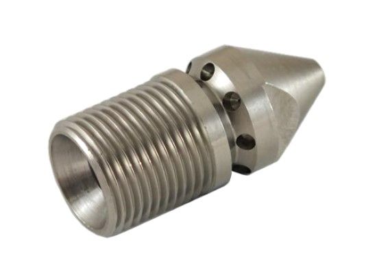 Stainless Steel 3/8” M 06 Sewer Nozzle (Part No: 123160860) with 1 forward jet and 8 rear-facing jets, conical front design for navigating tight bends, and stepped bore for mechanical impact protection.
