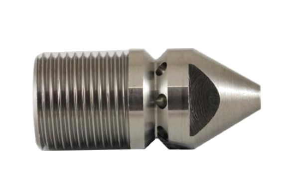 Stainless Steel 3/8” M 06 Sewer Nozzle (Part No: 123160860) with 1 forward jet and 8 rear-facing jets, conical front design for navigating tight bends, and stepped bore for mechanical impact protection.