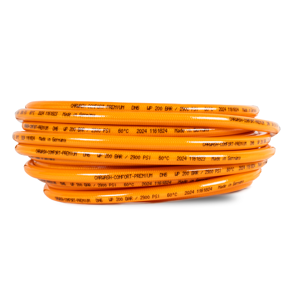 Orange 15m Carwash Comfort Premium hose 200 bar DN6 with M22 Female x 3/8" Male connections