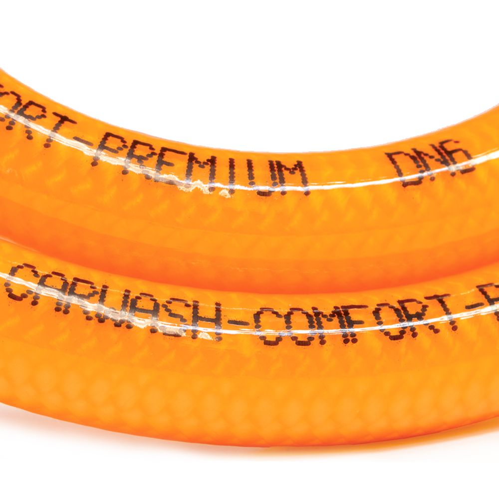Orange 15m Carwash Comfort Premium hose 200 bar DN6 with M22 Female x 3/8" Male connections