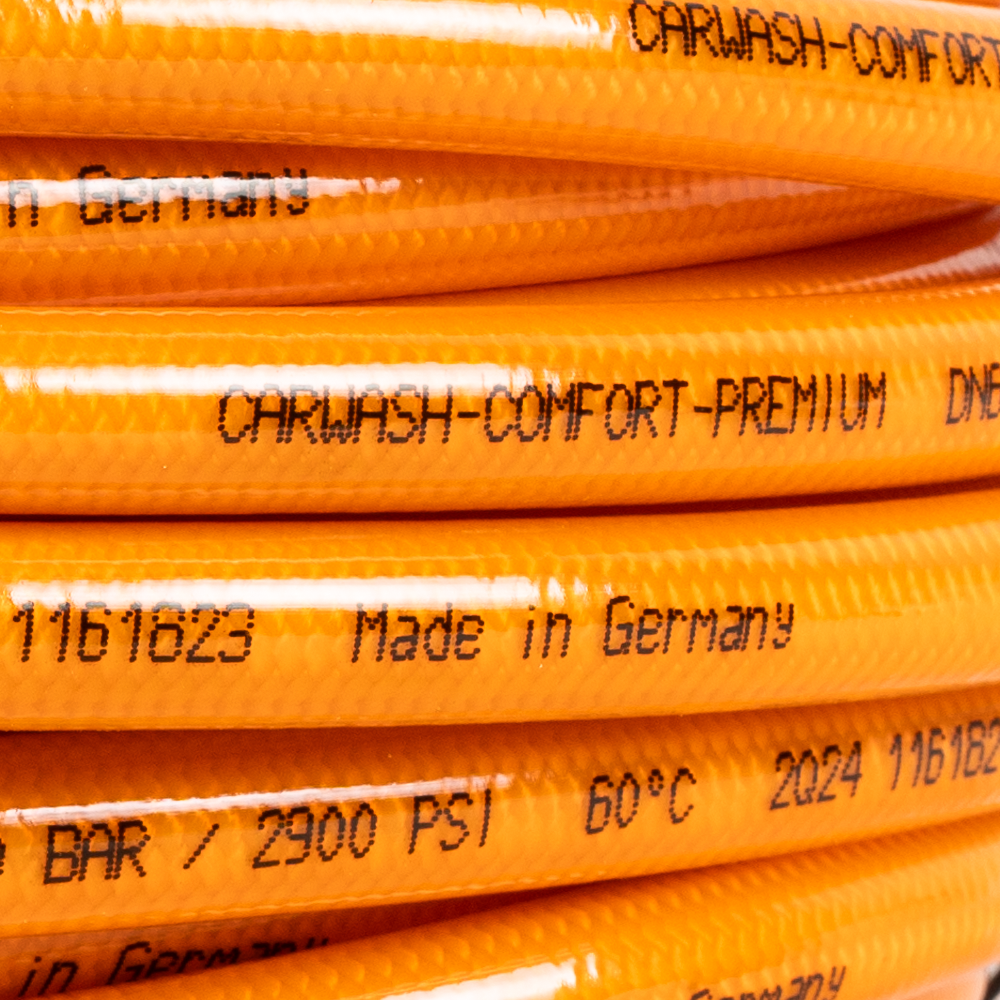 Orange 15m Carwash Comfort Premium hose 200 bar DN6 with M22 Female x 3/8" Male connections