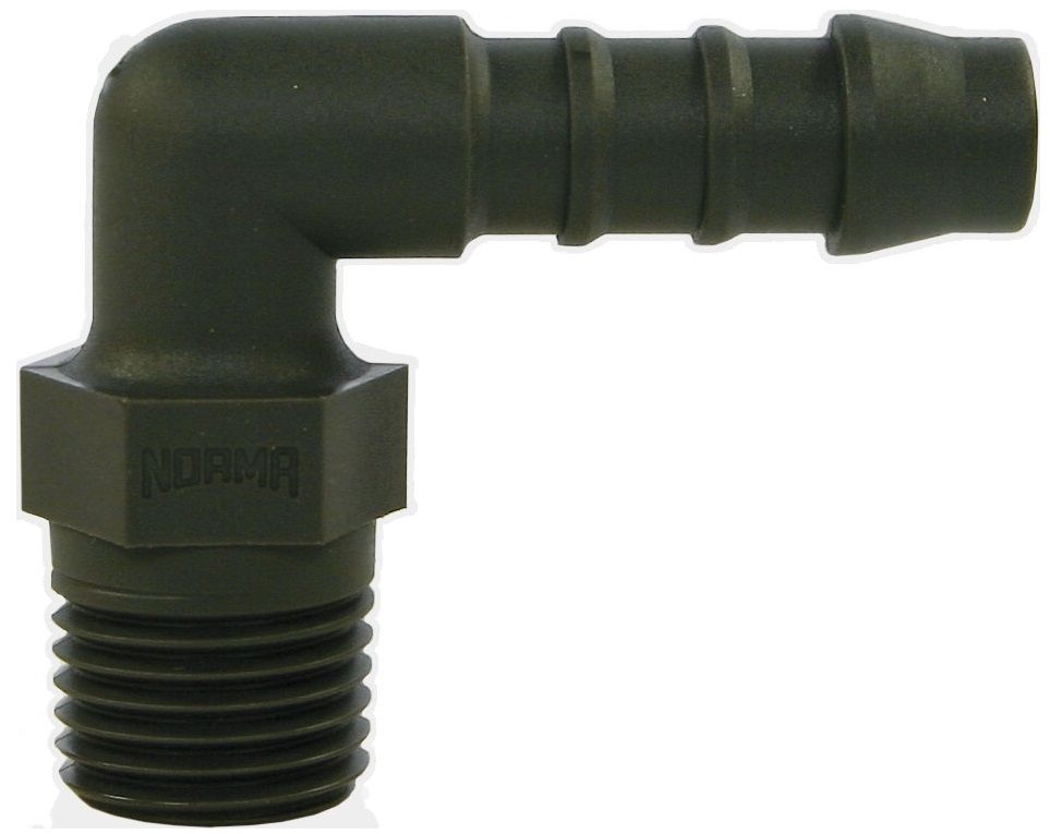 HOSE TAIL PLASTIC 90°, 1/4" MALE-10mm