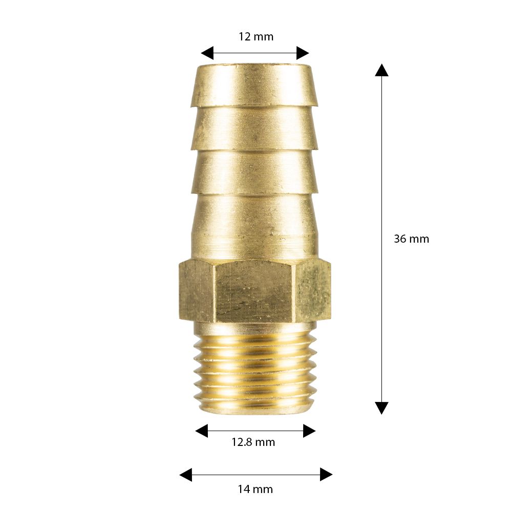 Hose Tail Brass 1/4" Male-12mm