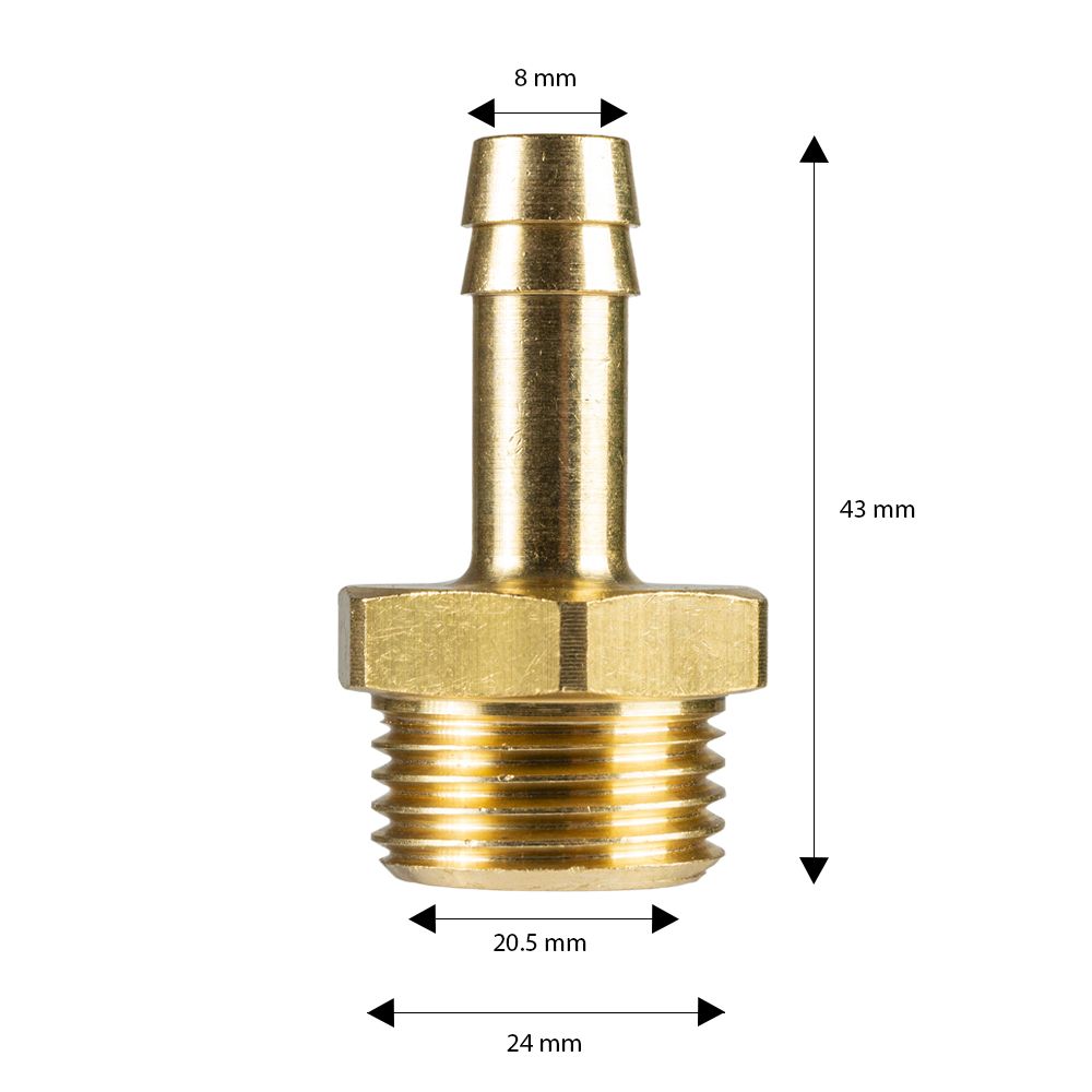 Hose Tail Brass 1/2" Male-8mm