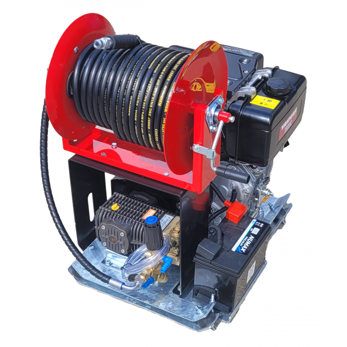 Maxflow Yanmar L100 V diesel skid pressure washer with Comet pump and 30m hose reel