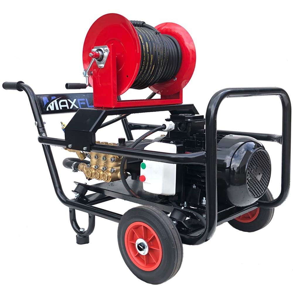 Maxflow 400V electric pressure washer 27LPM 200 Bar with 30m hose reel on trolley fram