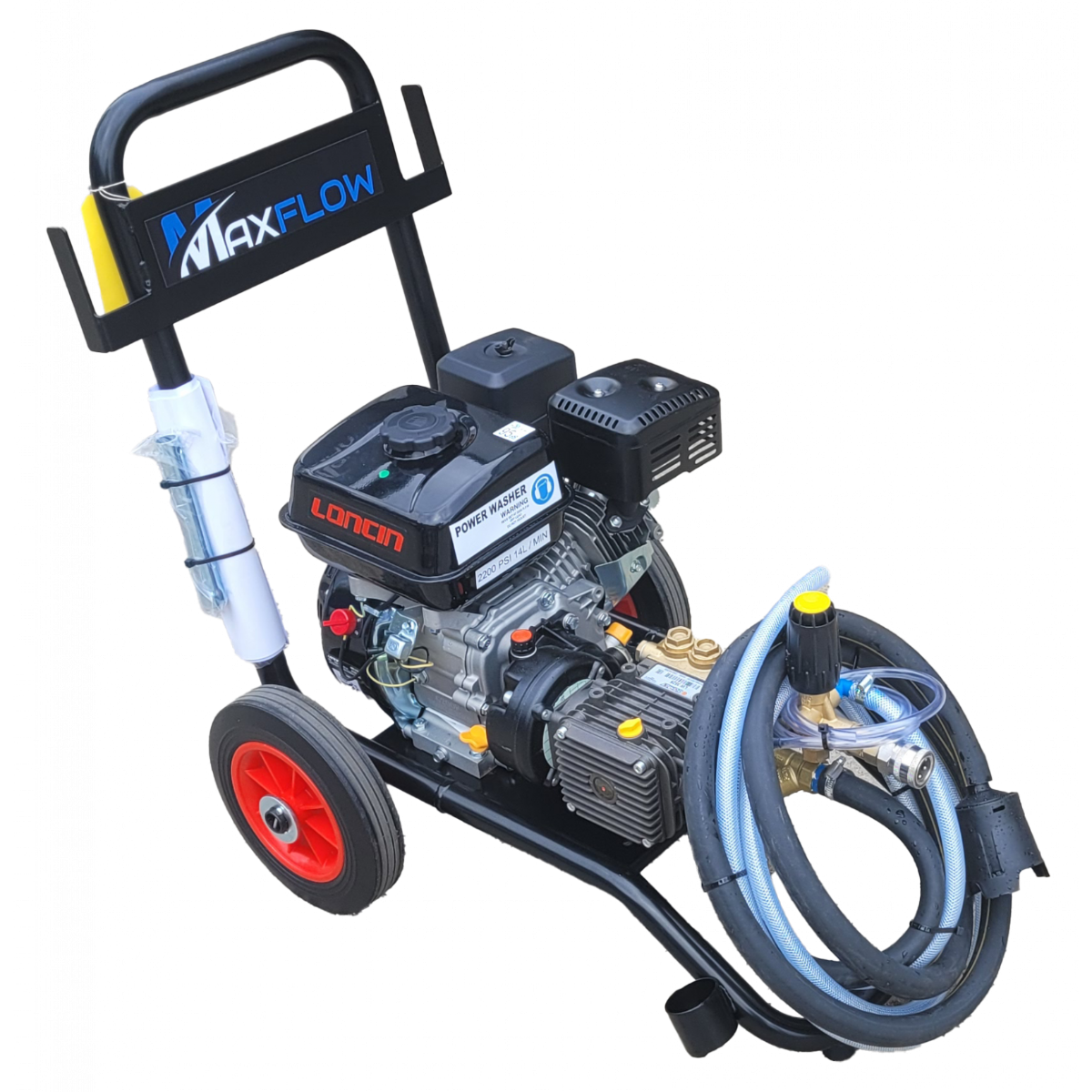 Loncin G200 petrol pressure washer in upright wheeled frame