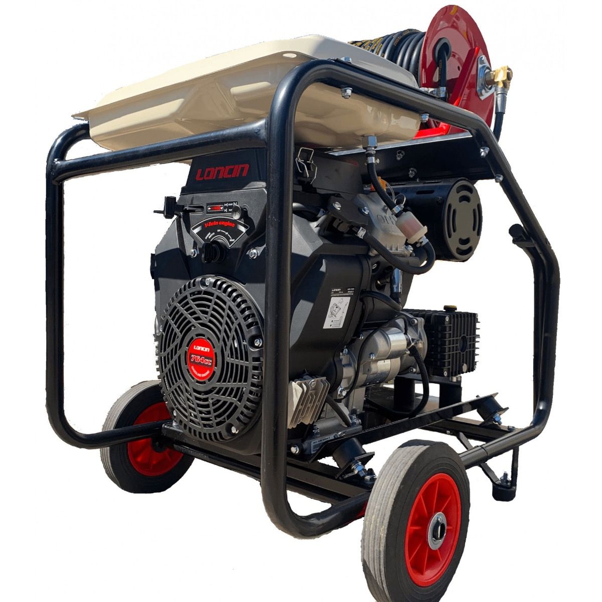 Maxflow Industrial Twin-Cylinder Pressure Washer - Loncin LC2V80FD-1 41 LPM Interpump Trolley Frame + 40M Reel (Electric Start)