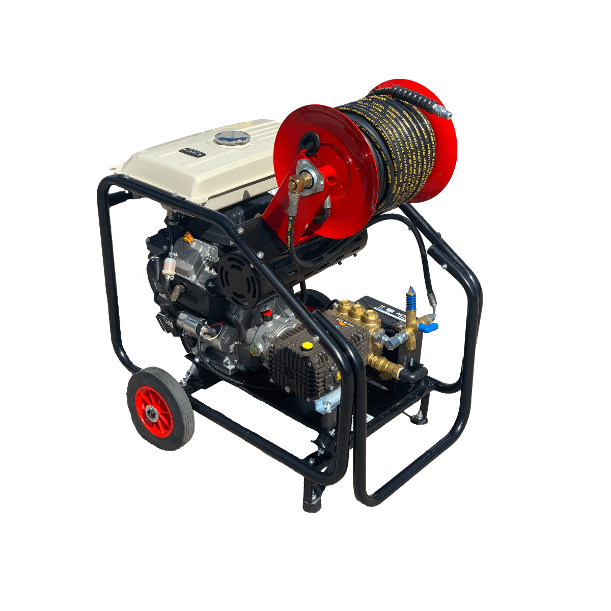 Maxflow Industrial Twin-Cylinder Pressure Washer - Loncin LC2V80FD-1 41 LPM Interpump Trolley Frame + 40M Reel (Electric Start)