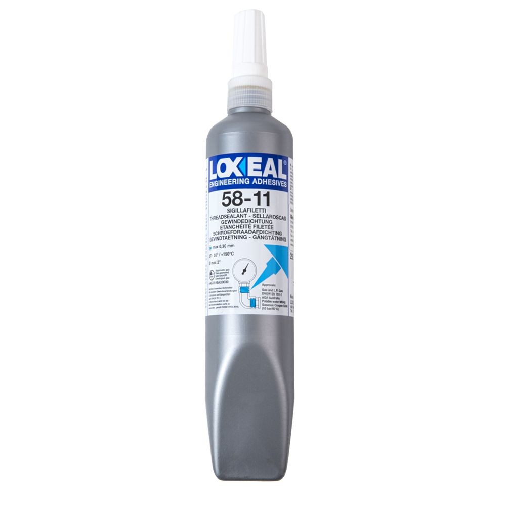 Loxeal 58-11 medium-strength thread sealant (250ml) – WRAS-approved, leak-proof, and heat-resistant adhesive for industrial and plumbing applications.