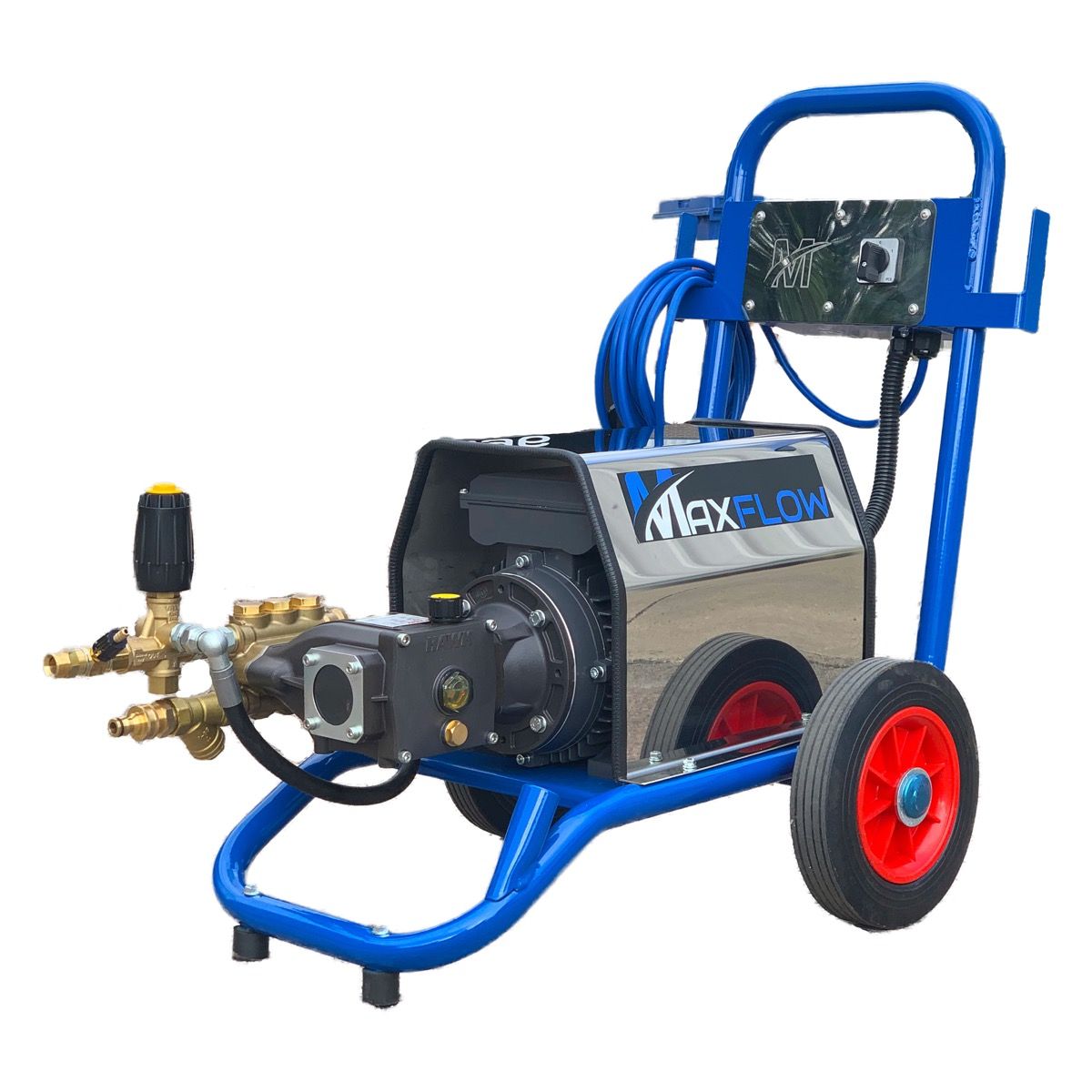 Maxflow Single Phase Cold Water Pressure Washer with 120 Bar pressure, 11 LPM flow, and 2.2 kW motor. Features low-speed 1450 RPM motor, Hawk pump, upright frame, 10m twin wire hose, and 900mm lance. Ideal for industrial, agricultural, and commercial clea