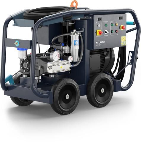 MC 10P VHP Pressure Washer – 500 to 1100 Bar, ideal for heavy-duty surface preparation and cleaning, with four-wheel mobility, onboard accessory storage, and robust safety features for industrial and marine tasks.