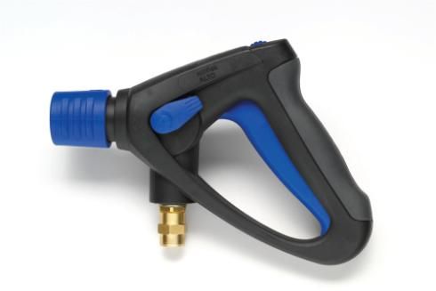 Nilfisk Ergo 2000 Vario Press Spray Handle (Part No: 106403123) with easy pressure adjustment, soft rubber grip, quick coupling system, and reduced activation force. Ideal for industrial cleaning.