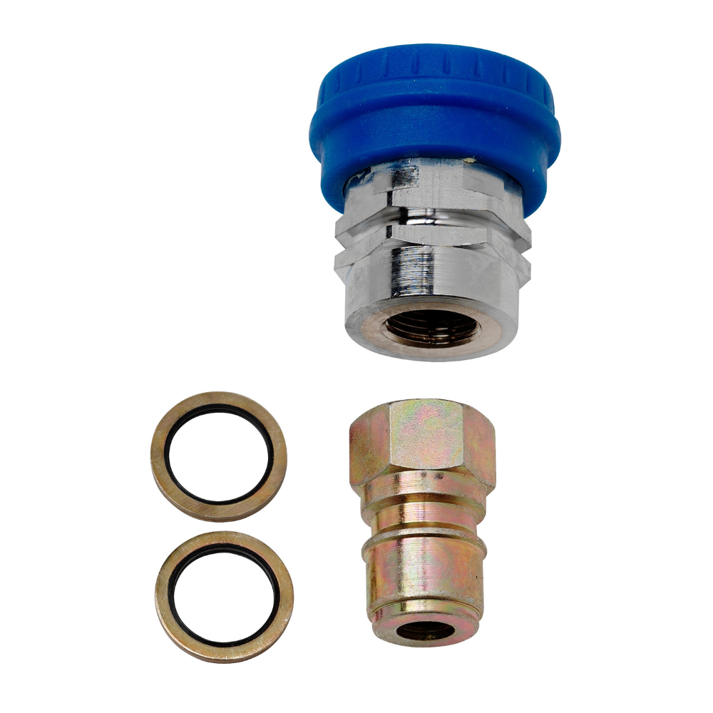 Nilfisk Genuine High-Pressure Quick Release Couplings Kit with female 3/8” thread, including a probe and two 3/8” Dowty seals. Ideal for secure and efficient connections in pressure washing systems.