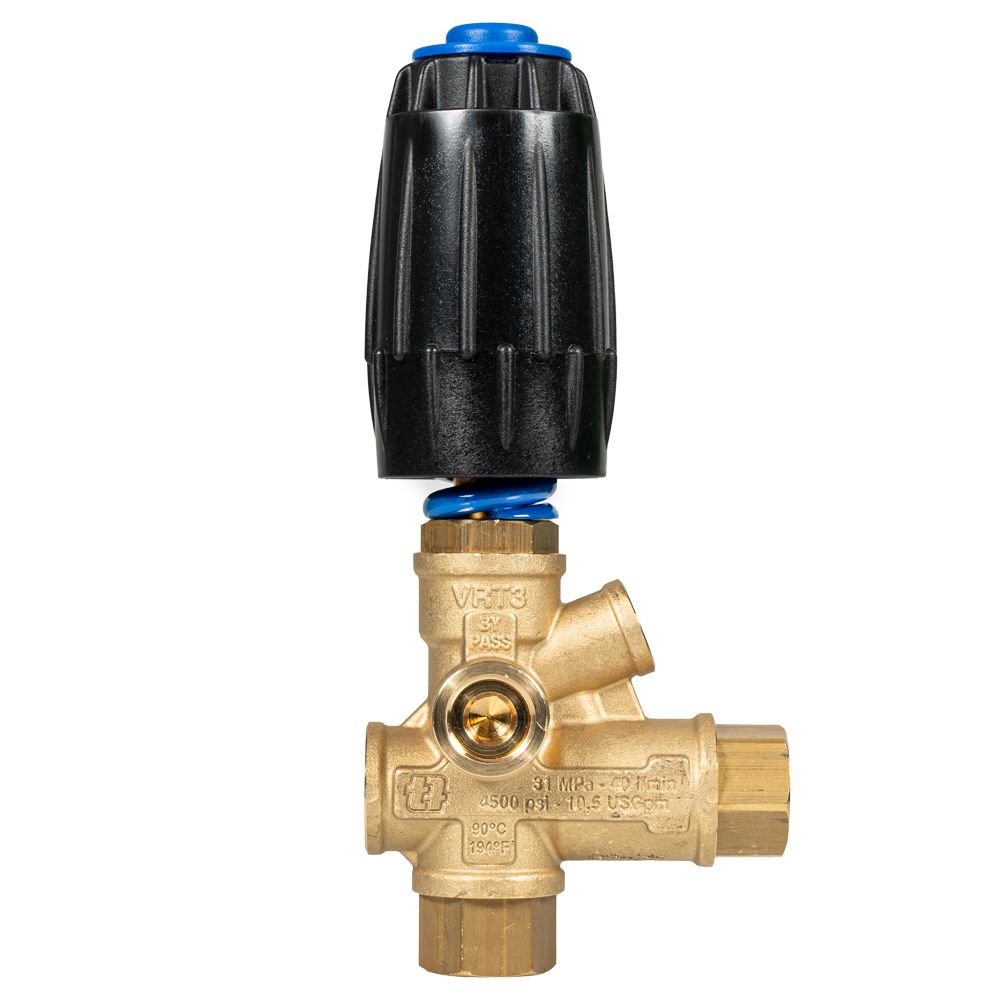 VRT3 Unloader Valve with 3/8" Female inlet and outlet, made of brass, with a black finish for high-pressure systems.
