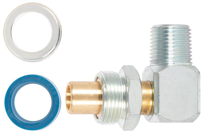 0065D 90 degree zinc plated steel swivel fitting with BSP male connections