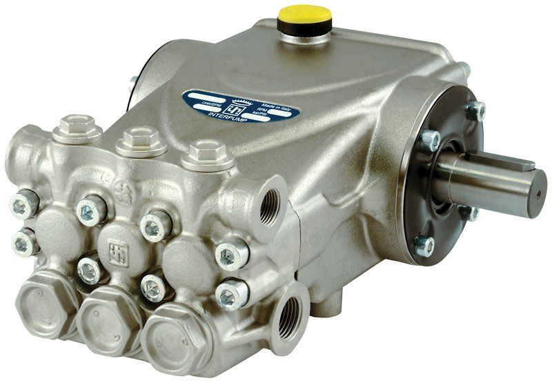 Interpump 58CW Series Pump C2W2013, 200 bar pressure, 13 LPM at 1450 RPM, 6.8 HP motor with nickel-plated AISI420B manifold and 24mm male shaft.