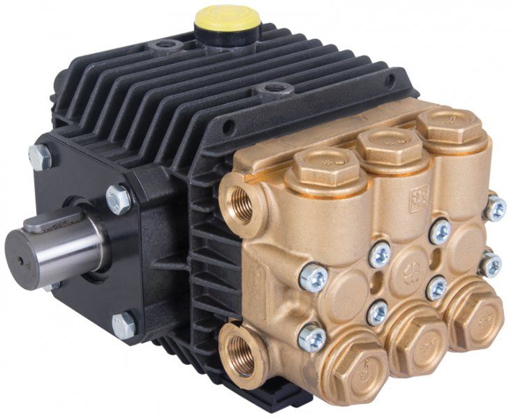 Interpump 51 Series Pump WW93LH with left-hand 24mm male shaft, 90 Bar, 2800 RPM, 11 LPM flow rate, and brass manifold