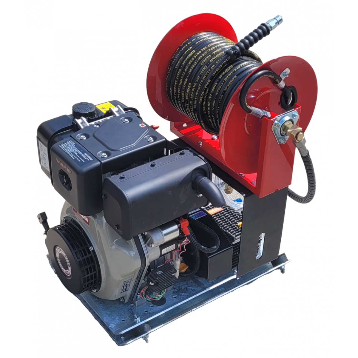 Maxflow Yanmar L100 V diesel skid pressure washer with Comet pump and 30m hose reel