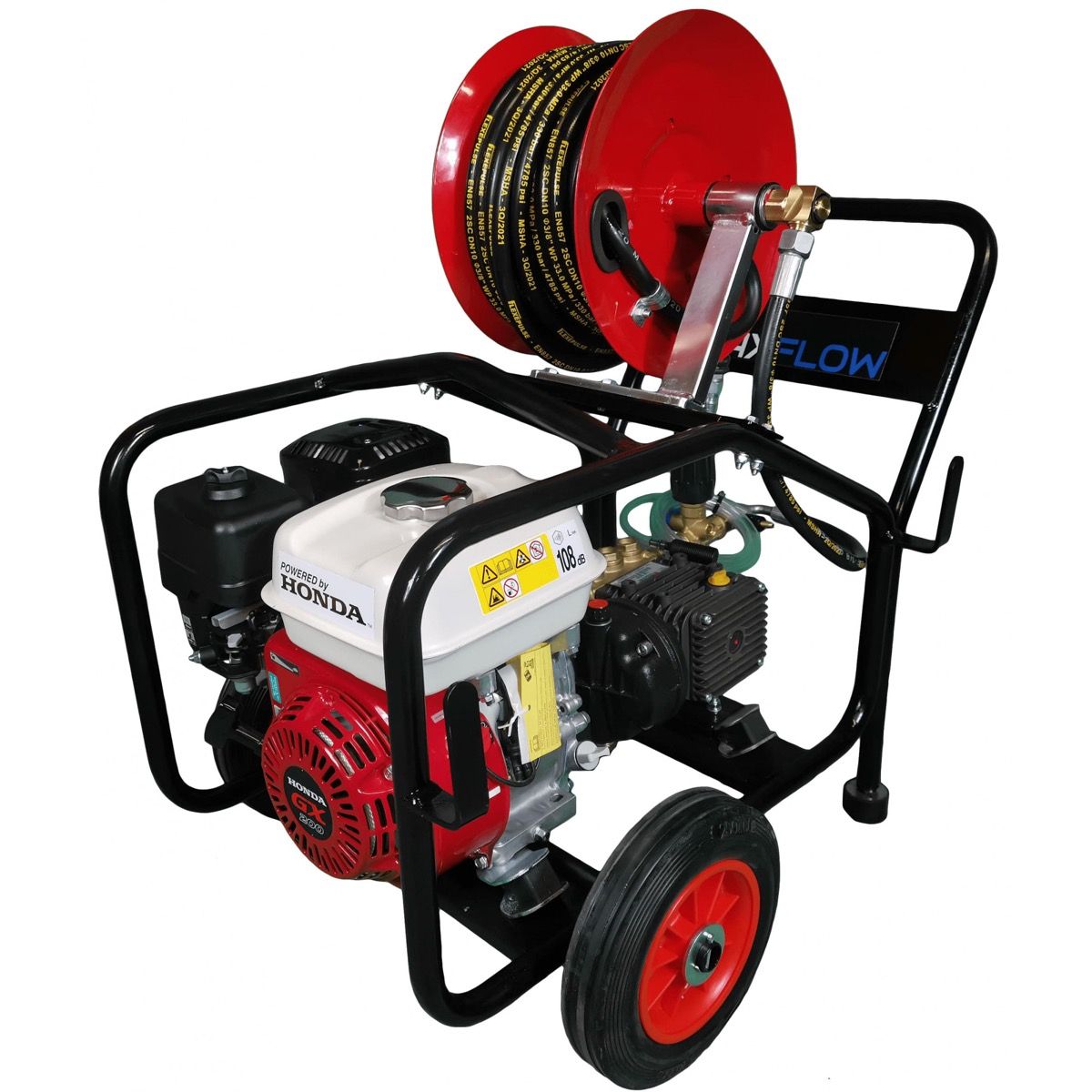  Honda GX200 150 Bar Petrol Pressure Washer with Comet pump, 20m hose reel, and brass pump head.
