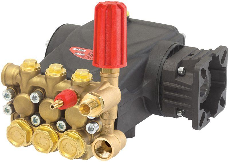 Interpump 58 Series Pump (Part No: E2E2108CV-34) with 210 Bar pressure, 8 LPM flow rate, 3400 RPM, brass manifold, 3/4” hollow shaft, integrated chemical injector, and VH trapped pressure unloader valve.