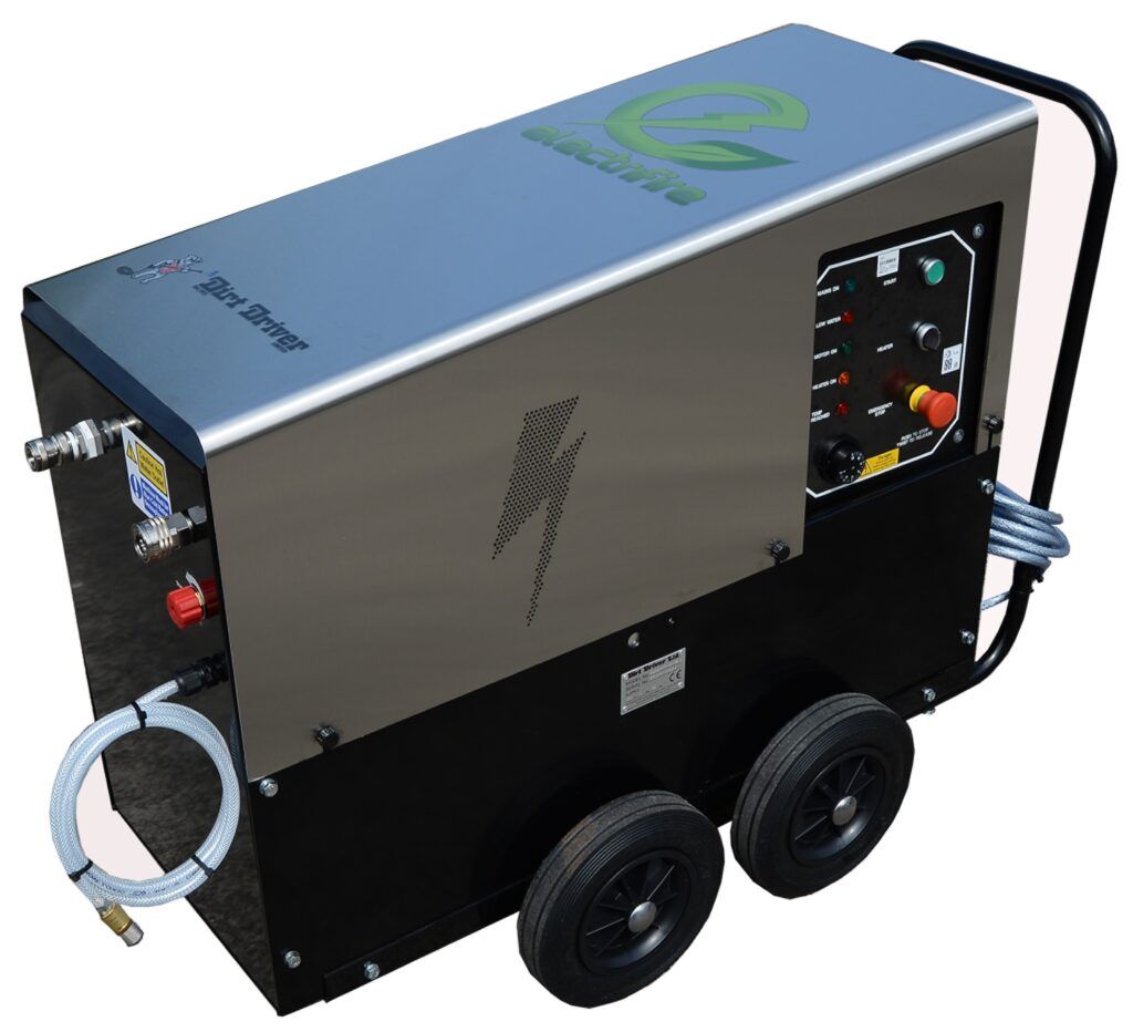 Electrifire Hot Water Pressure Washer - 18kW and 24kW models with durable steel chassis, Hawk pump, and optional hose reel and foam system for industrial cleaning