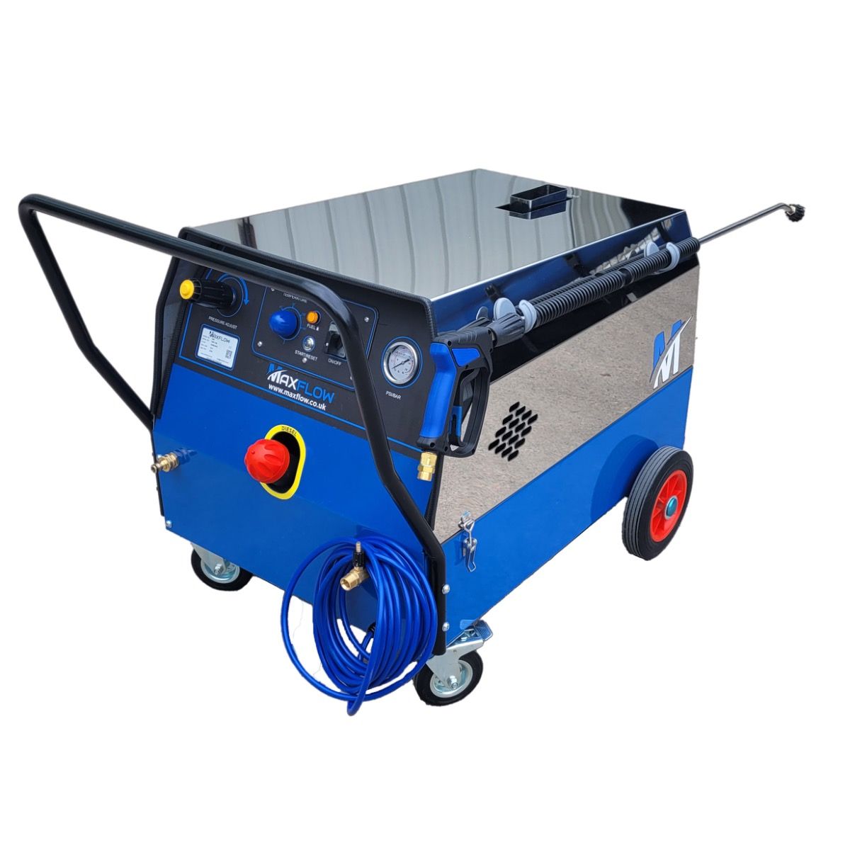 Maxflow Electric Hot Pressure Washer Timed Auto-Stop – 230v-16A 14 LPM 100 Bar (Interpump)