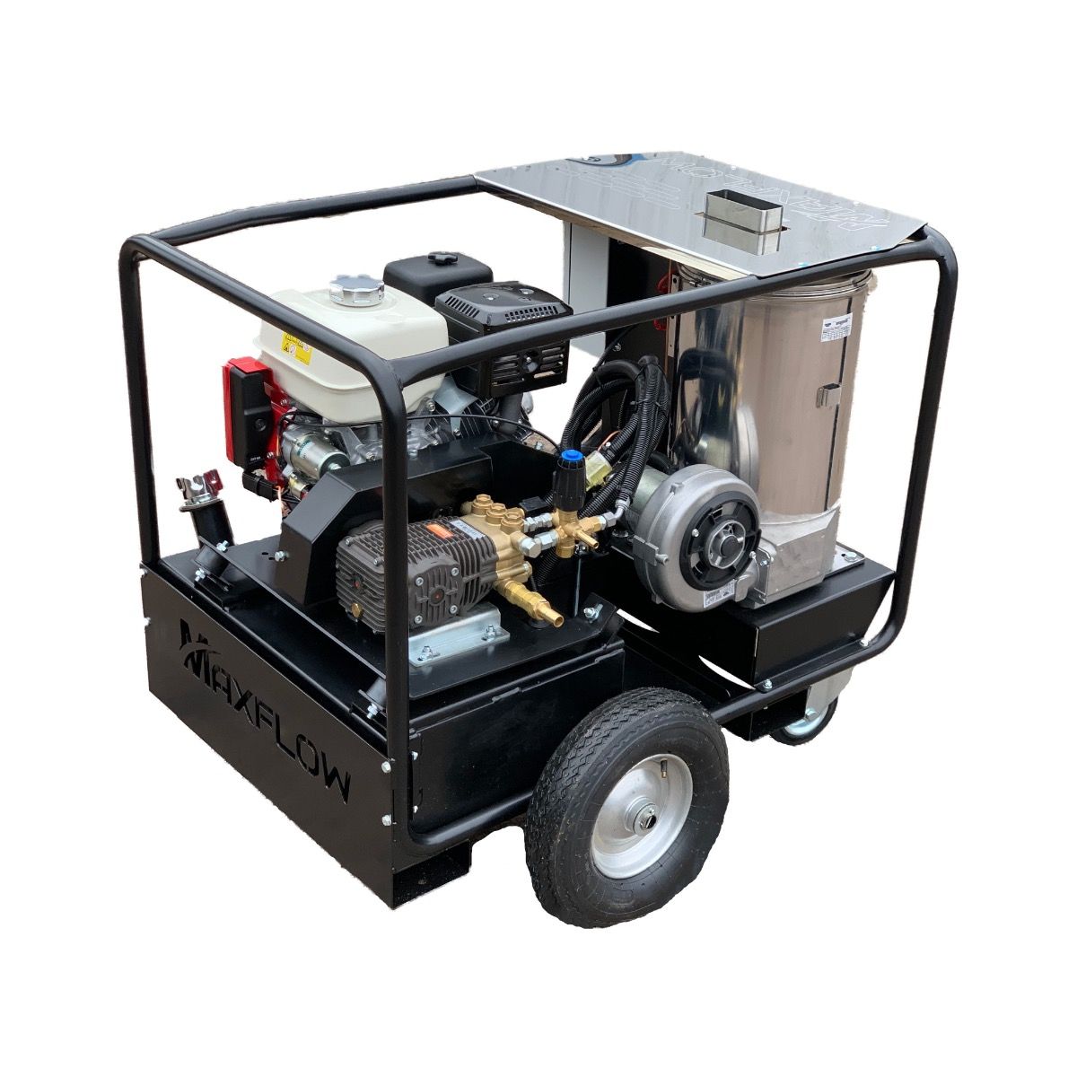 Maxflow industrial petrol hot pressure washer Honda GX390 21 LPM 200 bar electric start trolley frame