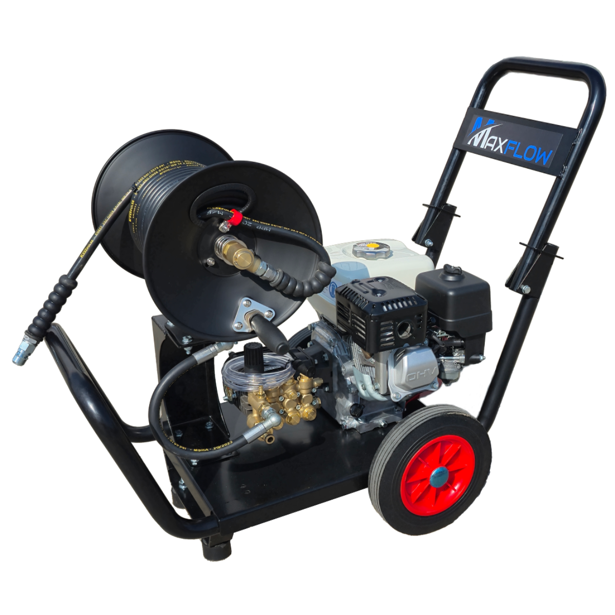 Maxflow Semi-Industrial Pressure Washer - Honda GX200 12LPM Drop Handle Frame + Reel
