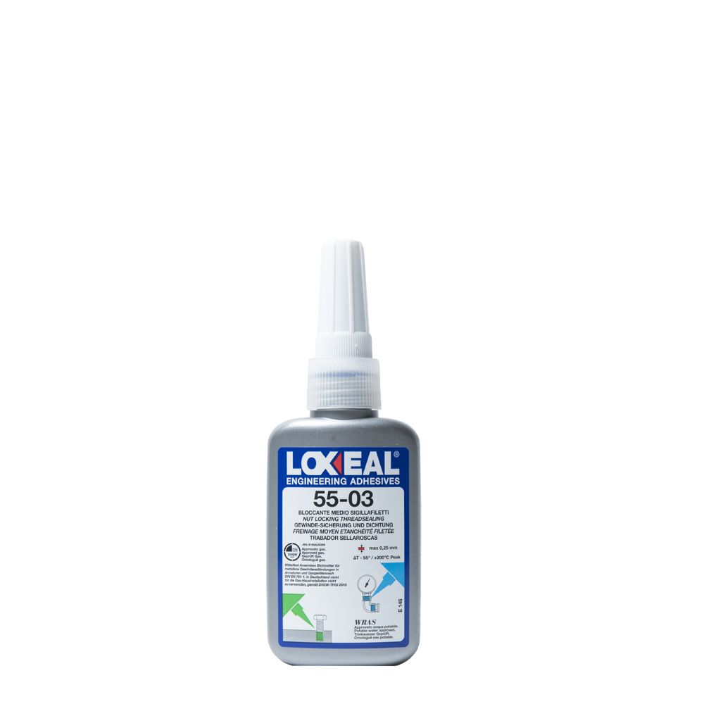 Loxeal 55-03 medium-strength threadlocker (50ml) – gas-tight, WRAS-approved, and heat-resistant.