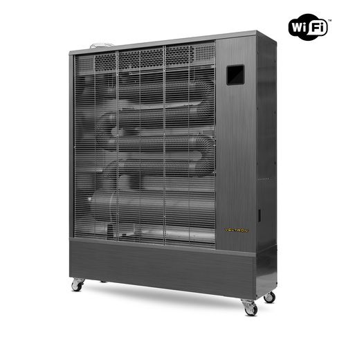 Veltron DHOE-350F Infrared Heater with WiFi control, showcasing a sleek silver design and specifications for powerful heating at 40.7 kW.