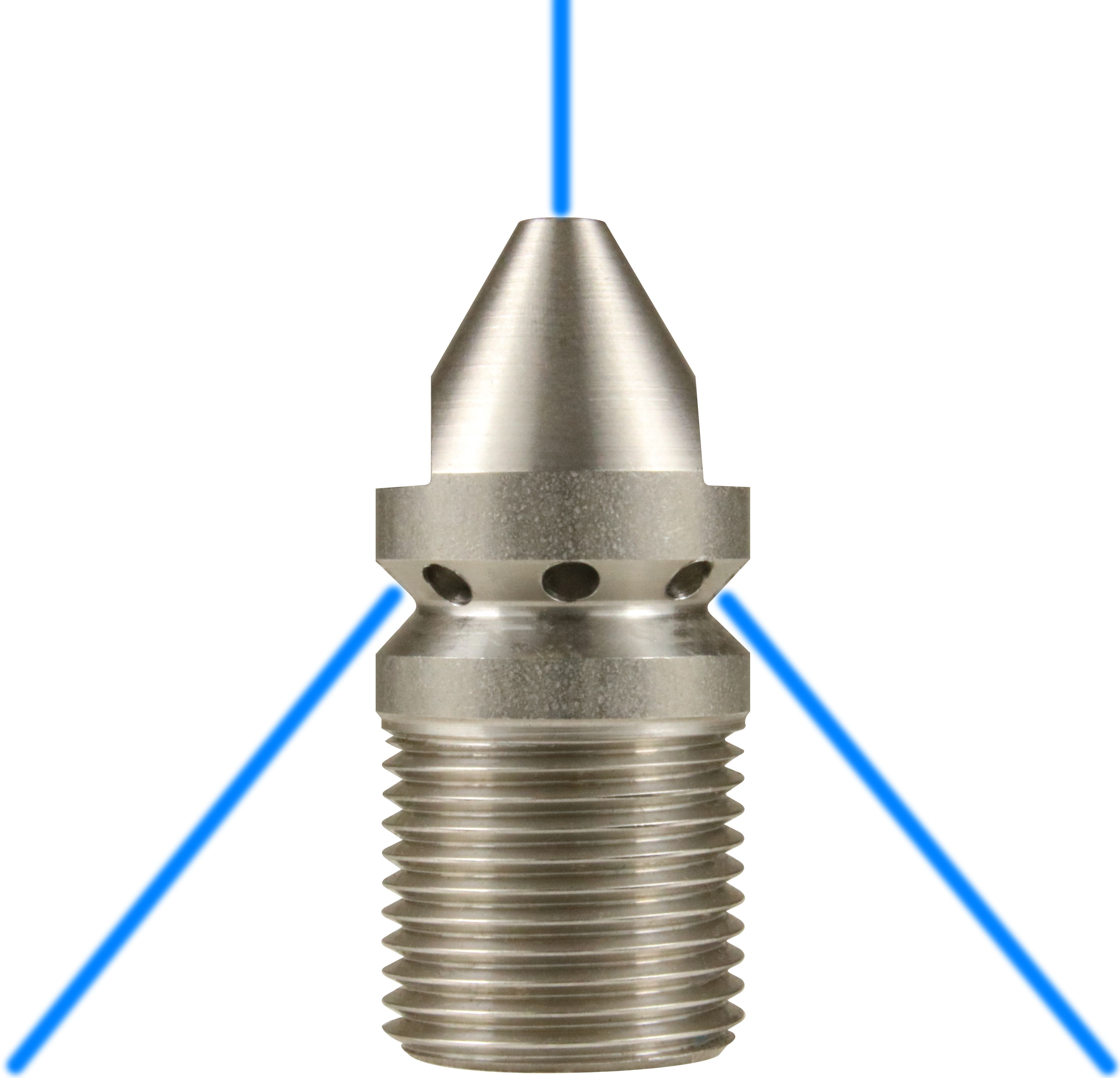 Stainless Steel 3/8” M 06 Sewer Nozzle (Part No: 123160860) with 1 forward jet and 8 rear-facing jets, conical front design for navigating tight bends, and stepped bore for mechanical impact protection.