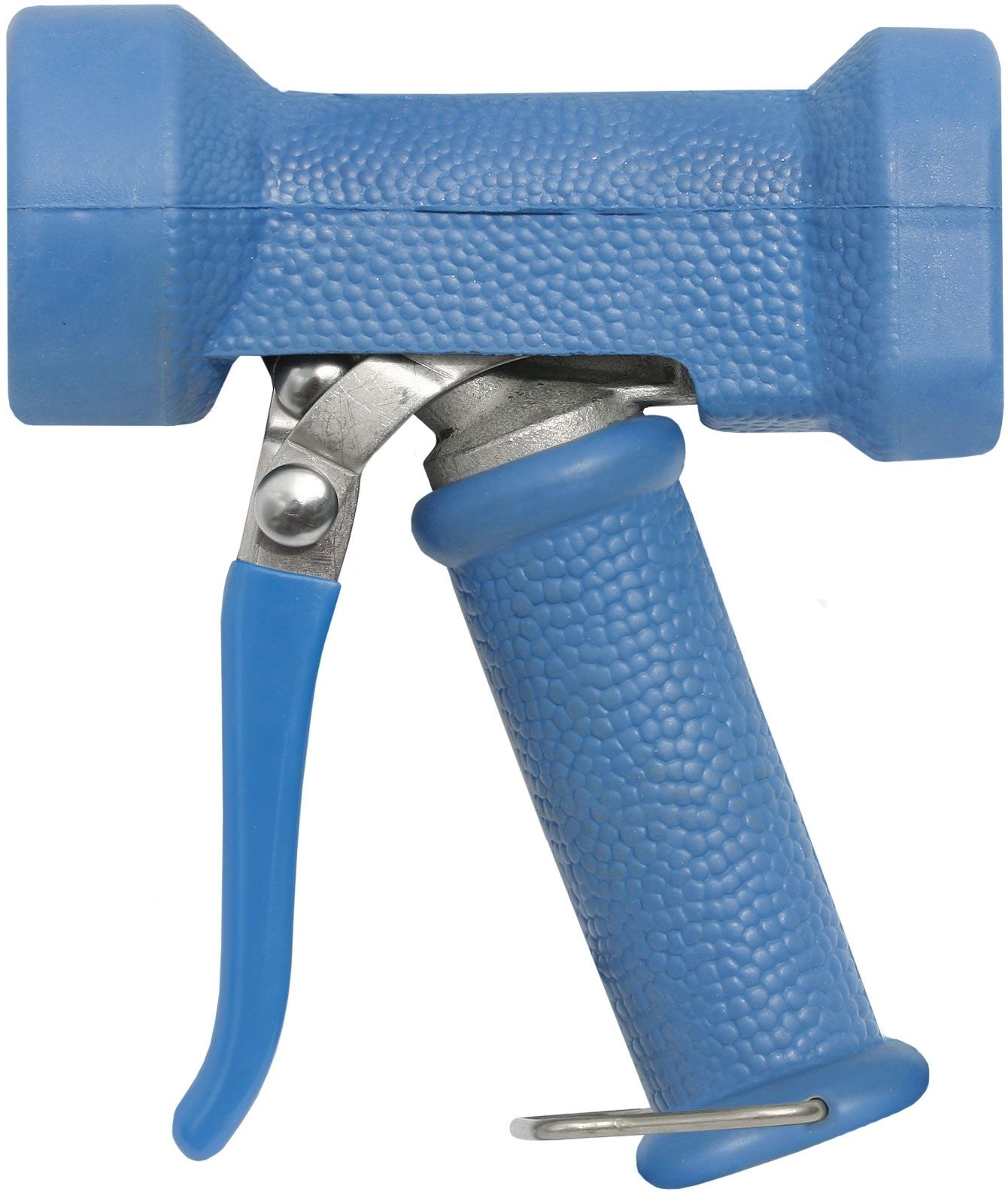 Suttner ST-1200 Stainless Steel Wash Gun with 24 Bar max pressure, adjustable spray angle, and thick rubber casing. Features a 1/2" female internal screw thread connection, blue cover, and durable brass/stainless steel construction. Suitable for water up 