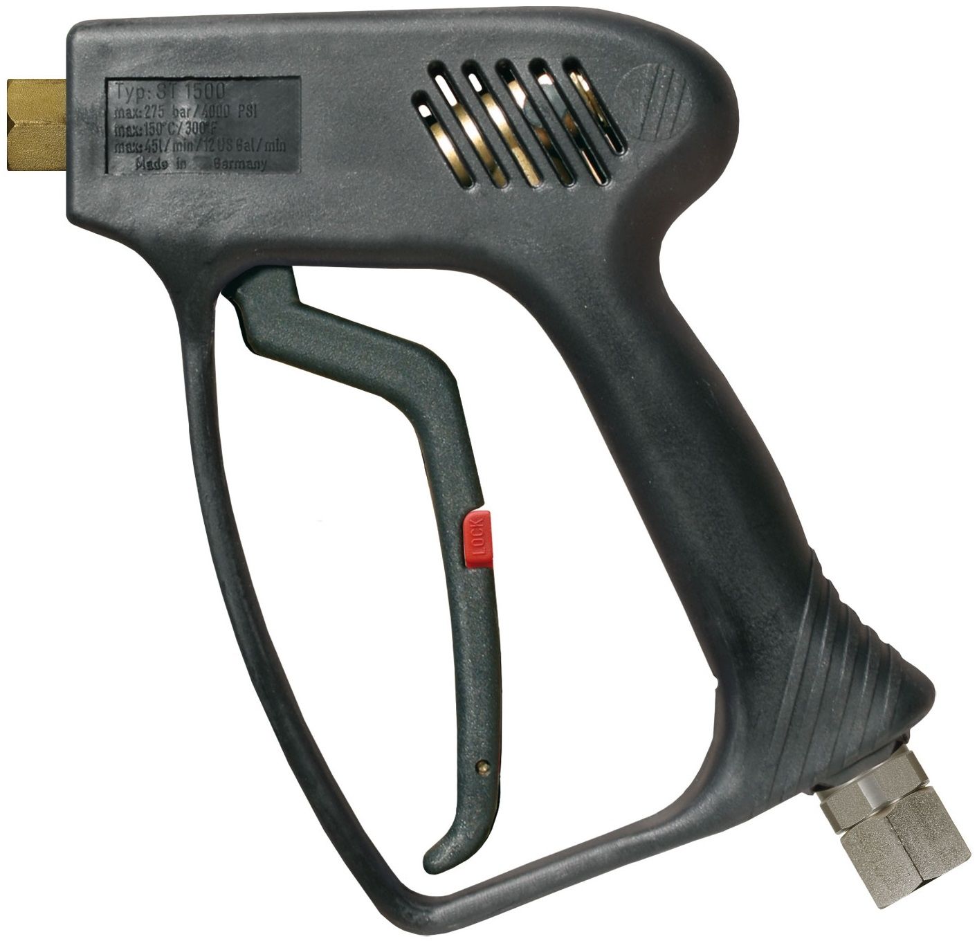 Suttner ST1500 Wash Gun with 3/8” Female Swivel Coupling (Code: 201500560), 275 Bar, 45 LPM, impact-resistant plastic case, safety lock trigger, corrosion-resistant materials for industrial pressure washing.