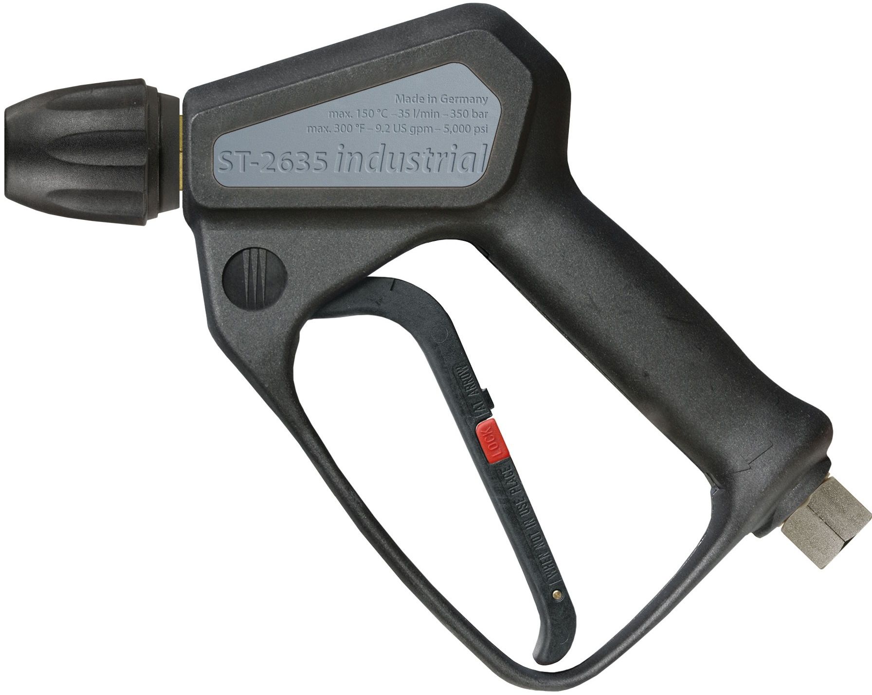 Suttner ST2635 Industrial Wash Gun with 3/8” female swivel inlet, KEW quick release outlet, carbide wear-resistant ball, and LTF+ trigger technology. Max 400 Bar, 35 LPM. Durable and efficient for industrial cleaning tasks.