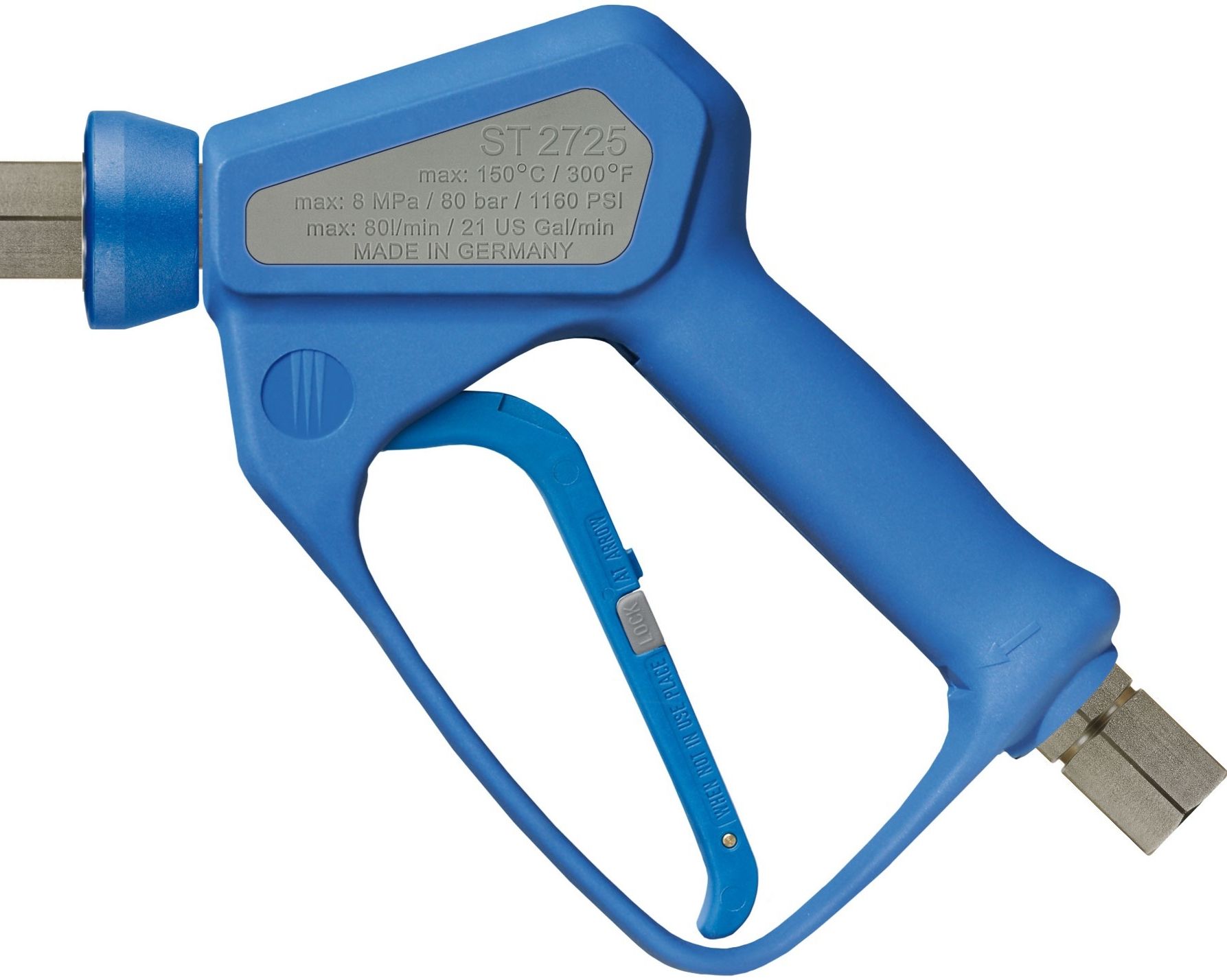 Suttner ST2725S Wash Gun with 80 LPM flow and 80 Bar pressure. Features stainless steel valve piston, PEEK valve seat, LTF trigger, and impact-resistant food-safe plastic casing. 1/2" female swivel inlet and 1/2" female outlet, compliant with food safety 