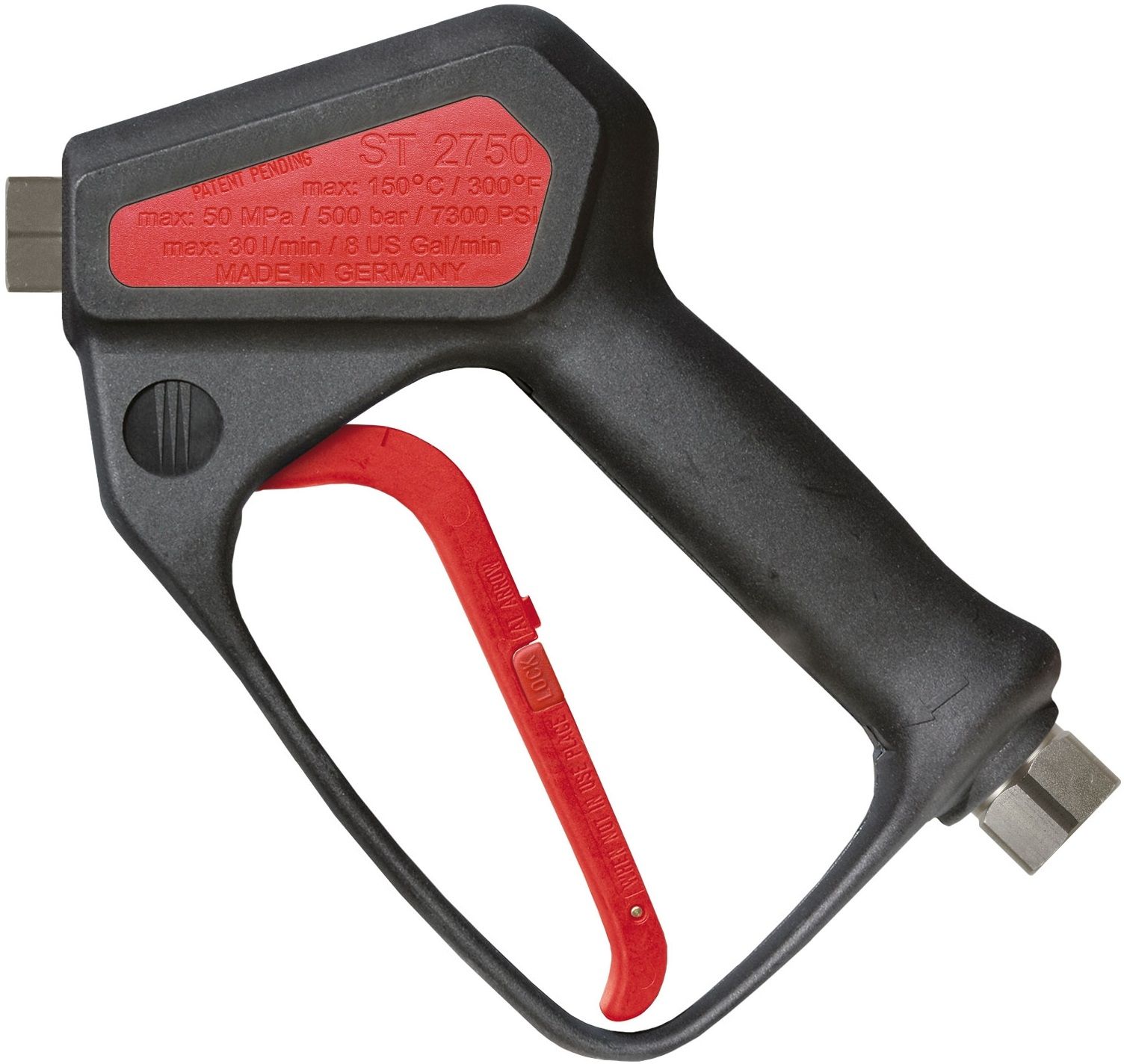 Suttner ST2750 Pressure Wash Gun with 3/8” female inlet, 1/4” female outlet, stainless steel construction. Max 500 Bar pressure, 30 LPM flow rate. Ideal for industrial high-pressure cleaning tasks.