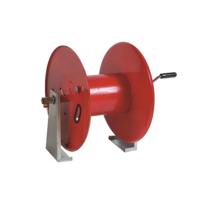 High-Pressure Hose Reel, 110M manual wind-up, powder-coated red pressed steel, 1/2” male inlet, 3/8” female outlet, 250 Bar max pressure, 40 LPM flow rate. Ideal for industrial applications.