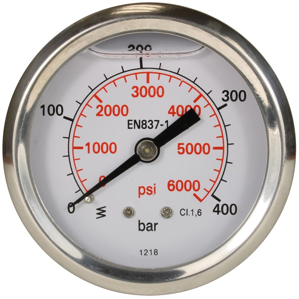 Pressure Gauge 0-400 Bar with Rear Entry, 63mm dial, glycerin-filled for vibration and pulsation dampening. Ideal for accurate pressure readings in industrial applications.