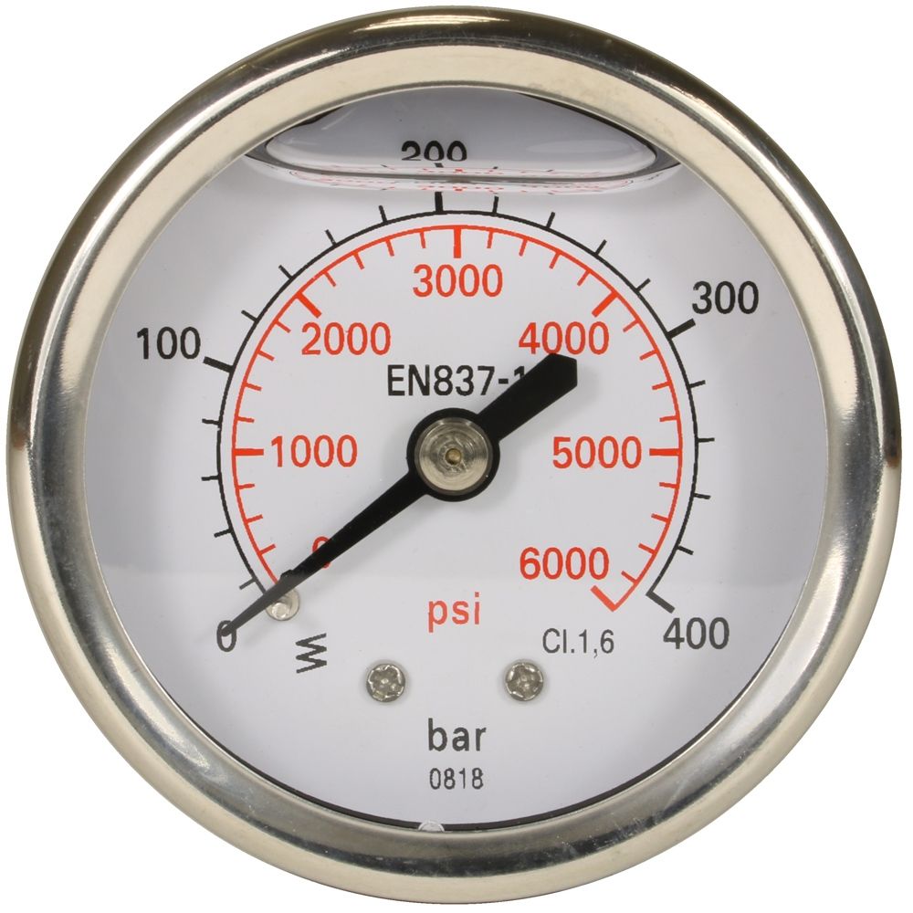 Pressure Gauge 0-400 Bar, 50mm with rear entry, glycerin-filled for vibration dampening, stainless steel construction, 1/4” male inlet. Suitable for accurate pressure readings in industrial applications.