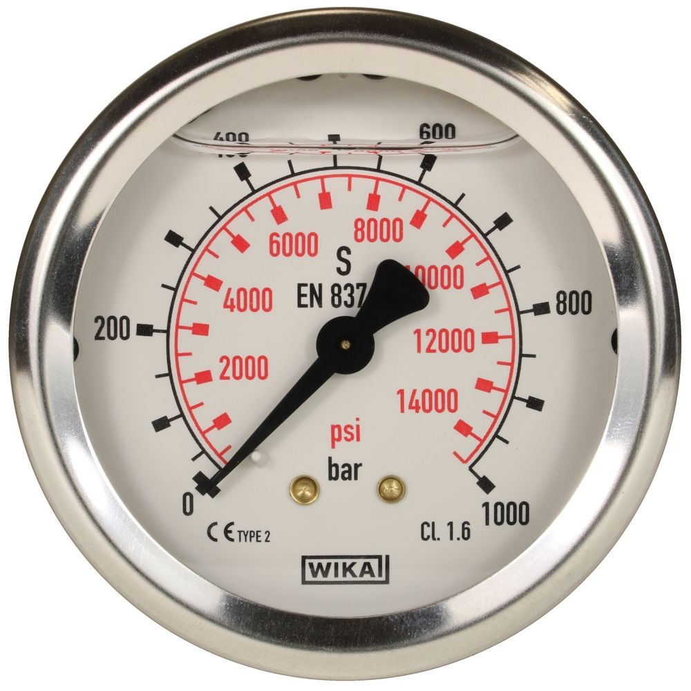 Pressure Gauge 0-1000 Bar with rear entry, glycerin-filled for accurate readings by reducing vibrations and pulsations. Ideal for high-pressure liquid and gas systems.