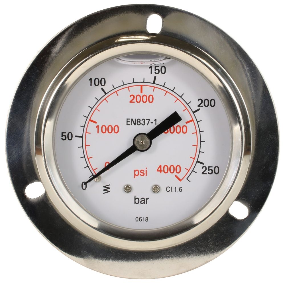 Pressure Gauge 0-250 Bar, 63mm with mounting ring, glycerin-filled for vibration resistance, stainless steel construction.