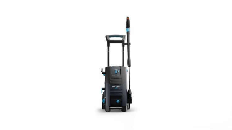 Nilfisk MC 2C 12/520 Mobile Pressure Washer featuring a compact, durable design with large wheels, telescopic handle, and ergonomic spray gun for semi-professional cleaning applications."