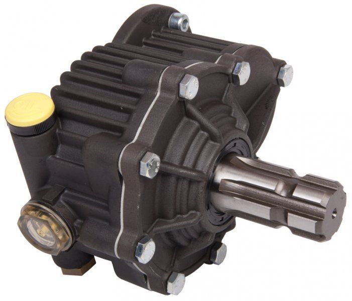 Interpump Gearbox for PTO Drive (Part No: M-PTO), suitable for IP 47, 59, and 66 series pumps, 1” 3/8 6-spline male PTO shaft, 1:1.9 multiplier, 540 rpm input, 1000 rpm output.