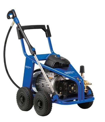 MC 8P Cold Water High-Pressure Washer with 160 Bar, 41 LPM, 1450 RPM motor, ceramic pistons, stainless steel or powder-coated frame, large pneumatic wheels, and dual-user capability.