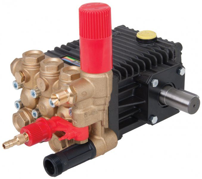 Interpump 44 Series Pump (W154MV), 150 Bar, 14 LPM, 1450 RPM, 24mm male shaft, brass manifold with integrated valve, VH trapped pressure unloader valve, and integrated chemical injector.