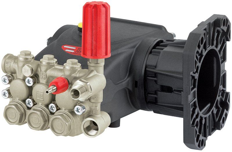 Interpump 59 Series Pump (Part No: E3E2517CV) with 250 Bar pressure, 17 LPM flow rate, 3400 RPM, nickel-plated brass head, 1” hollow shaft, VH unloader valve, and C flange for SAE J609 B ext4 engines. Ideal for industrial cleaning.