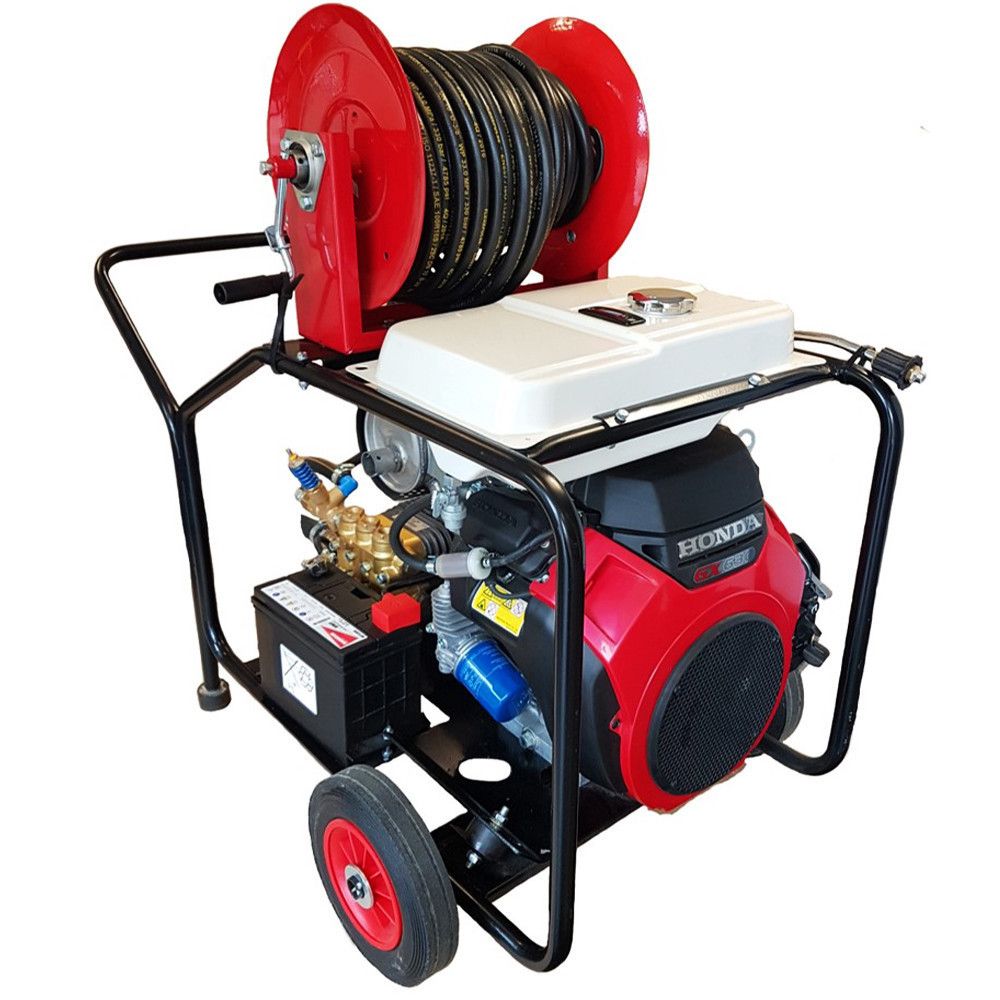 Industrial Twin-Cylinder Pressure Washer - Honda GX630 33 LPM Trolley Frame + Reel